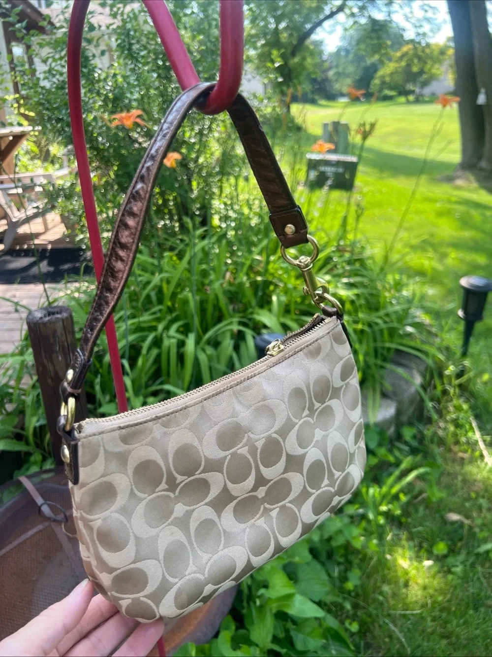 Coach Beige and Brown Signature Mini Shoulder Bag with Gold Hardware
